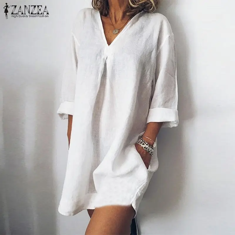 

2019 Plus Size ZANZEA Summer Blouse Women Solid V-Neck 3/4 Sleeve Loose Party Tunic Tops Blusas Chemise Femme Sexy Mini Vestidos