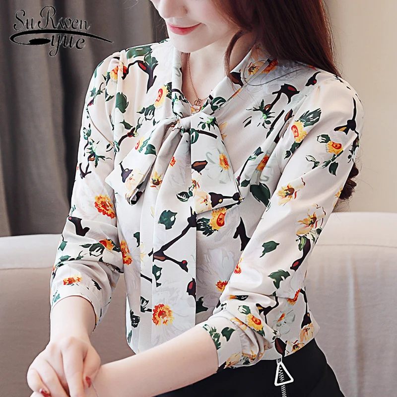 الأزياء طباعة بلوزة شيفون قميص أنيقة القوس V طوق مكتب بلوزة إمرأة قمم و البلوزات طويلة الأكمام النساء قمصان 2432 50