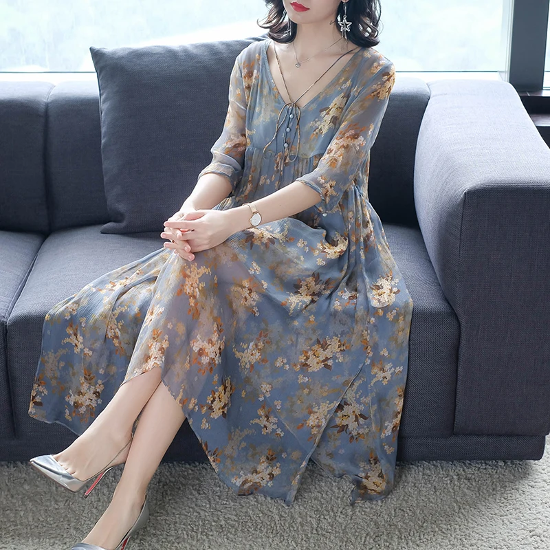 

High Waist Pleated Chiffon Dress Women Casual Large Size V Neck With Tassels Short Sleeve Print Dresses Summer New 2018