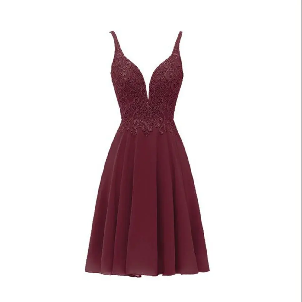 

Burgundy Backless Short Bridemaid Dress lace Applique Dress for Wedding Party V-Neck Spaghetti Wedding Guest Dress