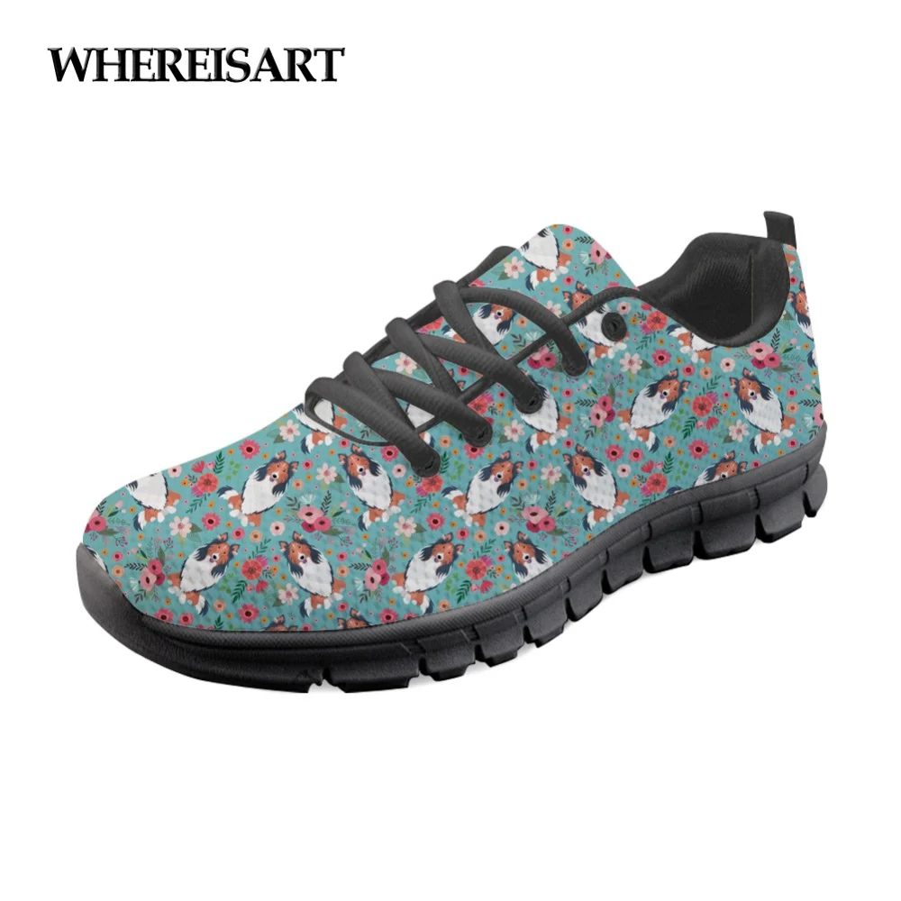 

WHEREISART Cute Fashion Girls Summer Casual Shoes Flats Women's Rough Collie Flower 3D Print Light Comfortable Mesh Shoes Woman