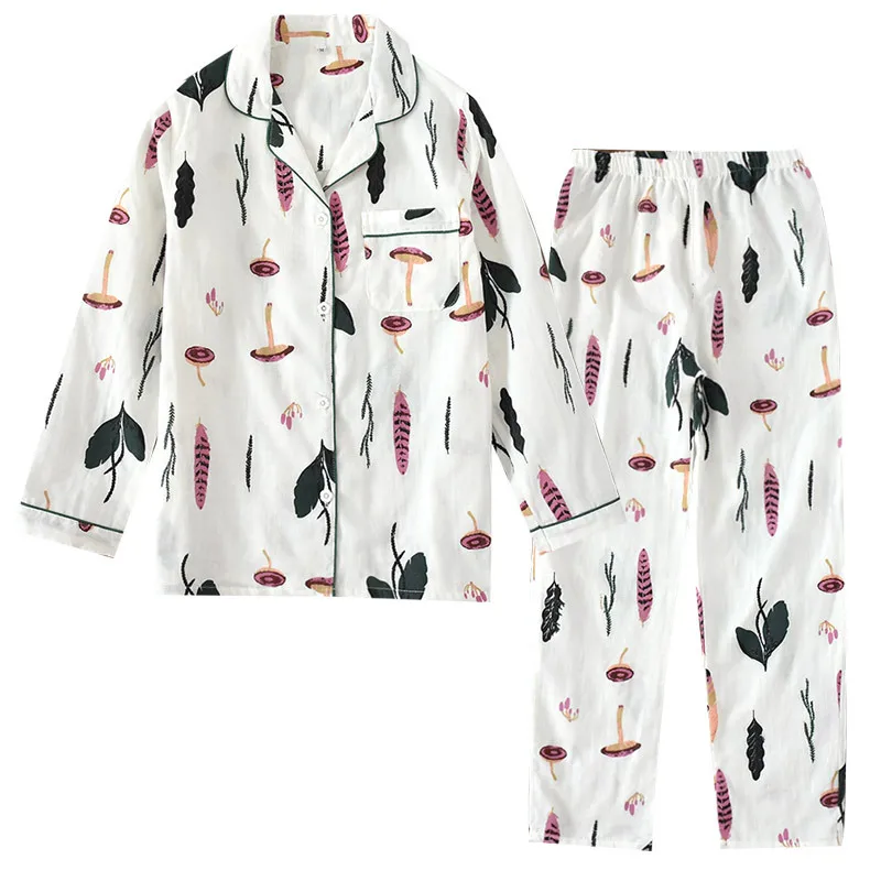 Осень пижамы с длинными рукавами 100% хлопок марли для женщин мультфильм полный длинная Пижама комплект 2 шт. плюс размеры сексуальная пижама