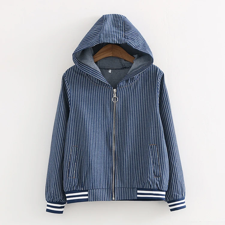 

2018 Spring and Autumn New Fashion Zip Hooded Stripe Denim Jacket Women, Wild Thin Street Casual Jacket Women