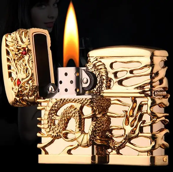 

Gold Dragon Carving Lighter Vintage Cigarette Lighter Refillable Kerosene Oil Lighter Tobacco Grinding Wheel Cigar Lighter