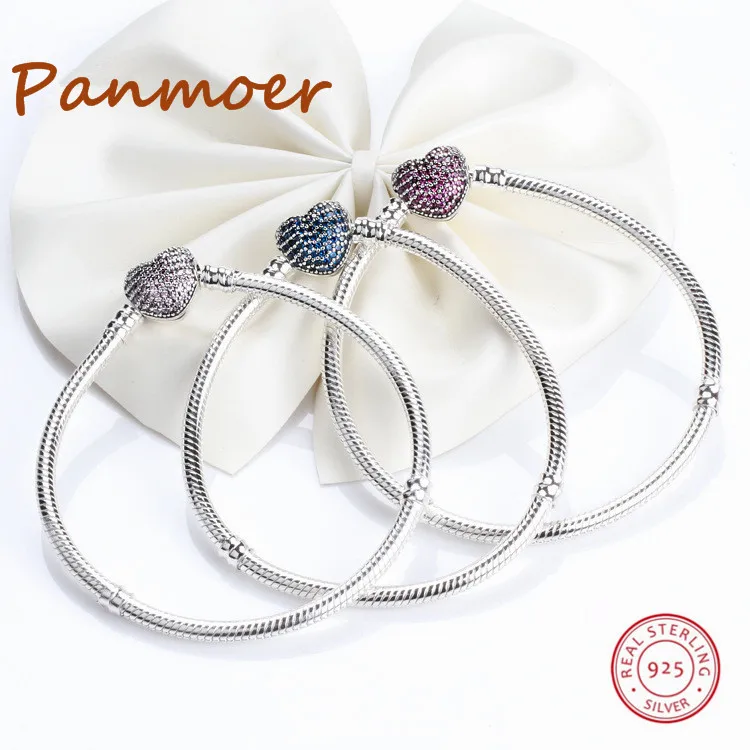 

Top quality 100% 925 Sterling Silver Heart with full Crystal Buckle Fit pan Bracelet Bangles for Women Original Fine Jewelry