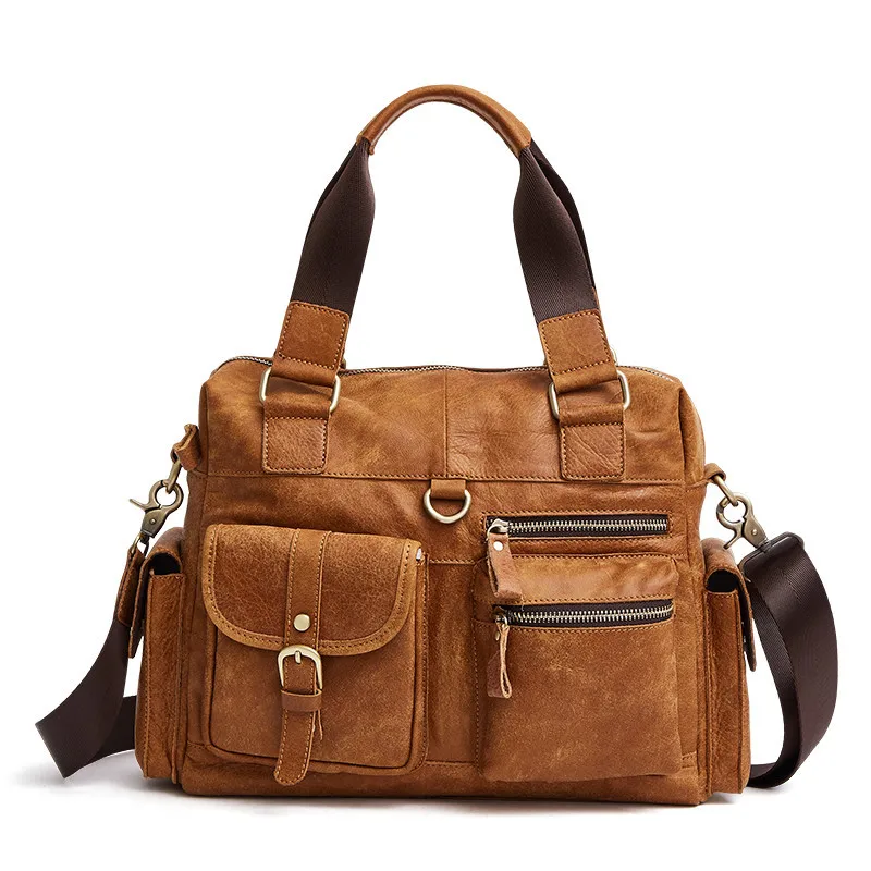 

Korean Fashion Style Vintage Genuine Leather Men Handbags Nubuck Cow Leather Shoulder Bag Multi pockets Men's Travel Bags