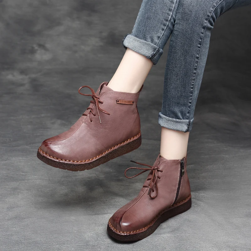 

Plus Size Women Genuine Leather Ankle Boots Winter Low Heel Black Soft Leather Shoes Women Handmade Martin Boot 2018 Retro Style