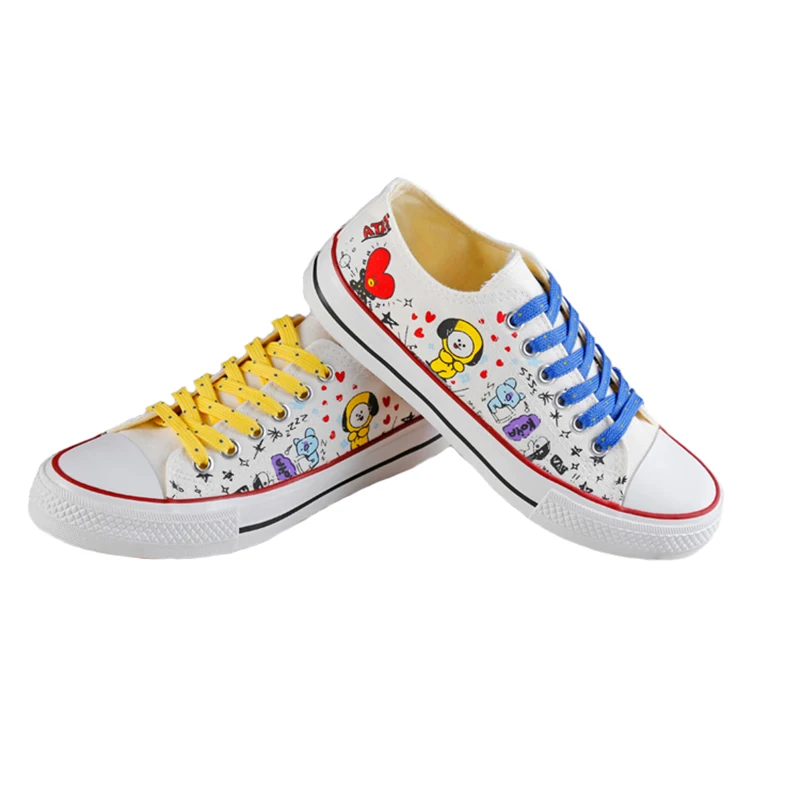 

New Kpop BTS BT21 Bangtan Boys Canvas Shoes For Women Men Casual Cartoon Print Low Tops Girls Socks Shoes JUNGKOOK JIMIN V Suga