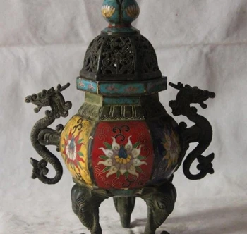 

China Pure Bronze Cloisonne Three Elephant Foot Two Dragon Incense Burner Censer