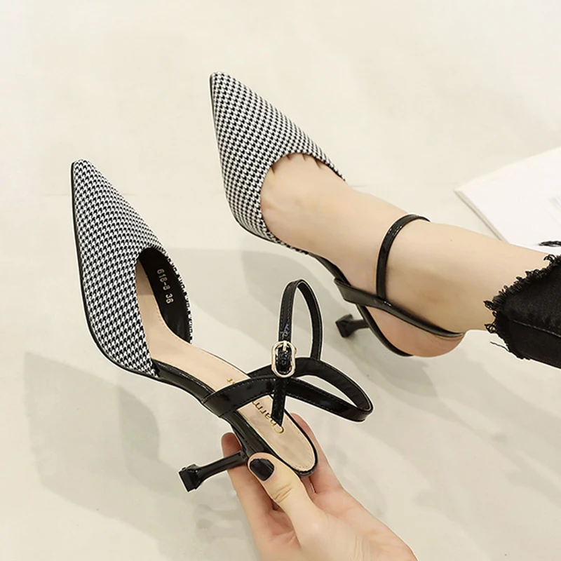 

women pumps summer zapatos de mujer 2019 ladies fashion sandals high heels pointed toe buckle strap houndstooth party shoes