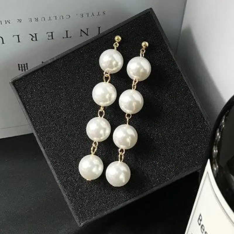New Personality Wild Simple Temperament Earrings Exaggerated Large Pearl Tassel Long Earrings Beaded Prevent Allergy Earrings - Image 3
