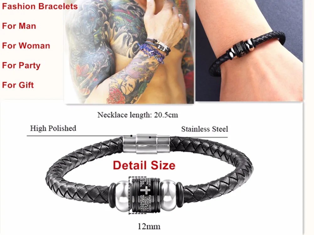 

Vintage Leather Bracelet Men Woman Prayer Religious Bible Verse Bead Men Women with Stainless Steel Button Charms Accessories