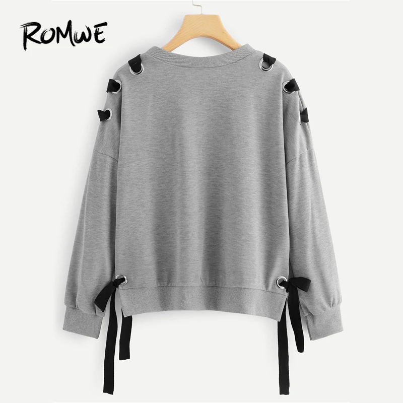  ROMWE Grey Criss Cross Drop Shoulder Knot Side Sweatshirt Women Casual Autumn Plain Clothing Tops S