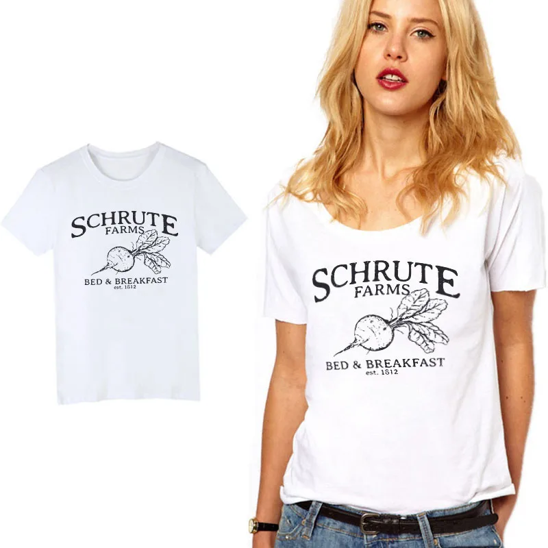 LUSLOS Schrute مزارع السرير و الإفطار التي شيرت الفجل طباعة المرأة الساخن الصيف المحملة قمم سوبر لينة مريحة قصيرة الأكمام