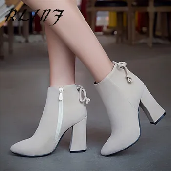 

RLINF New British High-heeled Women's Ankle Boots with Thick Bow and Velvet Warm Boots winter women