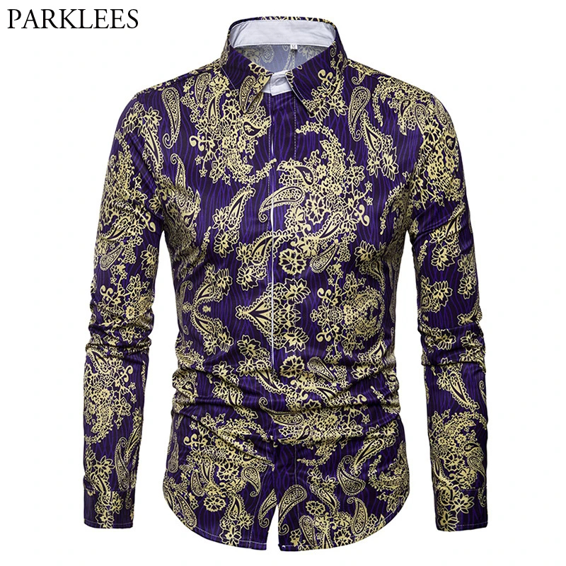 Chemise Paisley A Manches Longues Pour Homme Marque De Luxe Imprime Floral Dore Slim Printemps 2018 Aliexpress