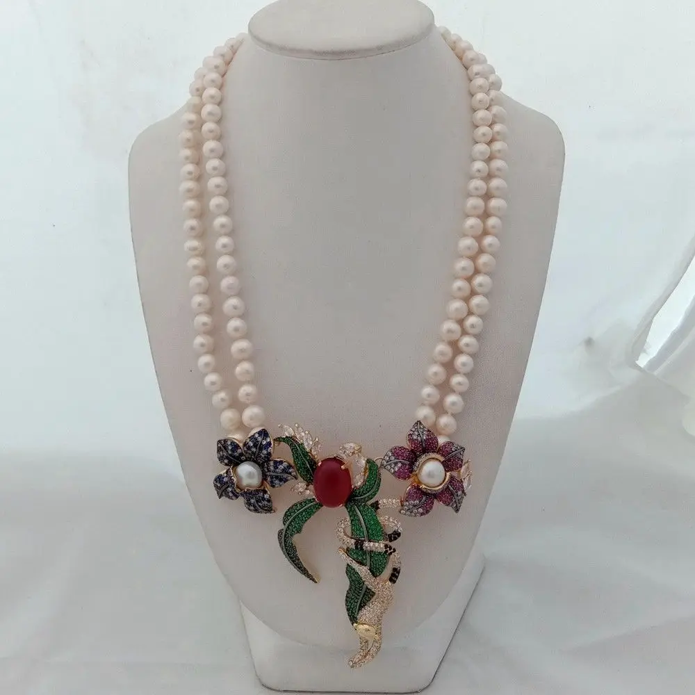 

Women's 21" 2 Rows White Round Pearl Necklace Cz Pave Pendant