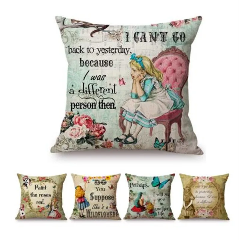 

Vintage Alice in Wonderland Cartoon Letters Print Home Decorative Sofa Throw Pillow Case Cotton Linen Kid's Art Cushion Cover