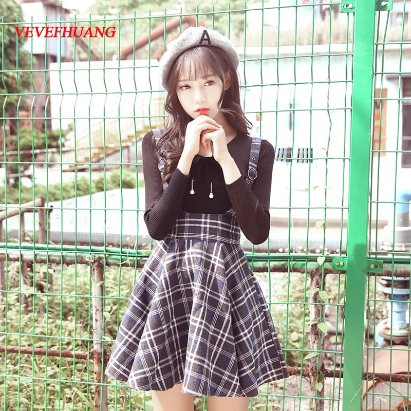 

Korean New Fashion Plaid Suspender Skirt Autumn Japanese Vintage Wool Slim Pleated Skirts College Sweet Strap Mini Skirts