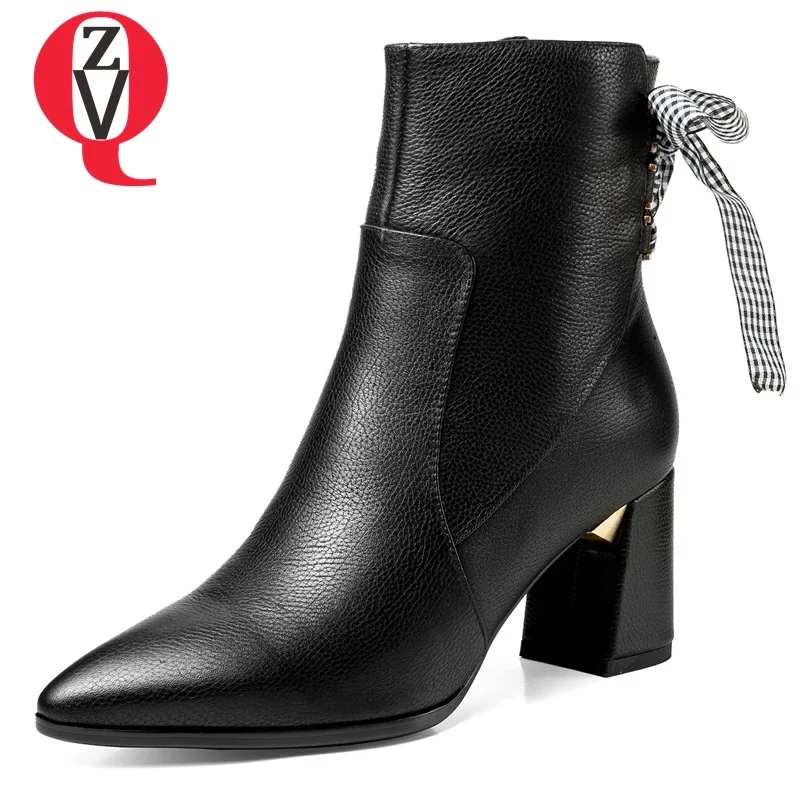 

ZVQ size 34-42 women shoes hot sale 2018 winter newest high square heel pointed toe zip cross-tied genuine leather ankle boots