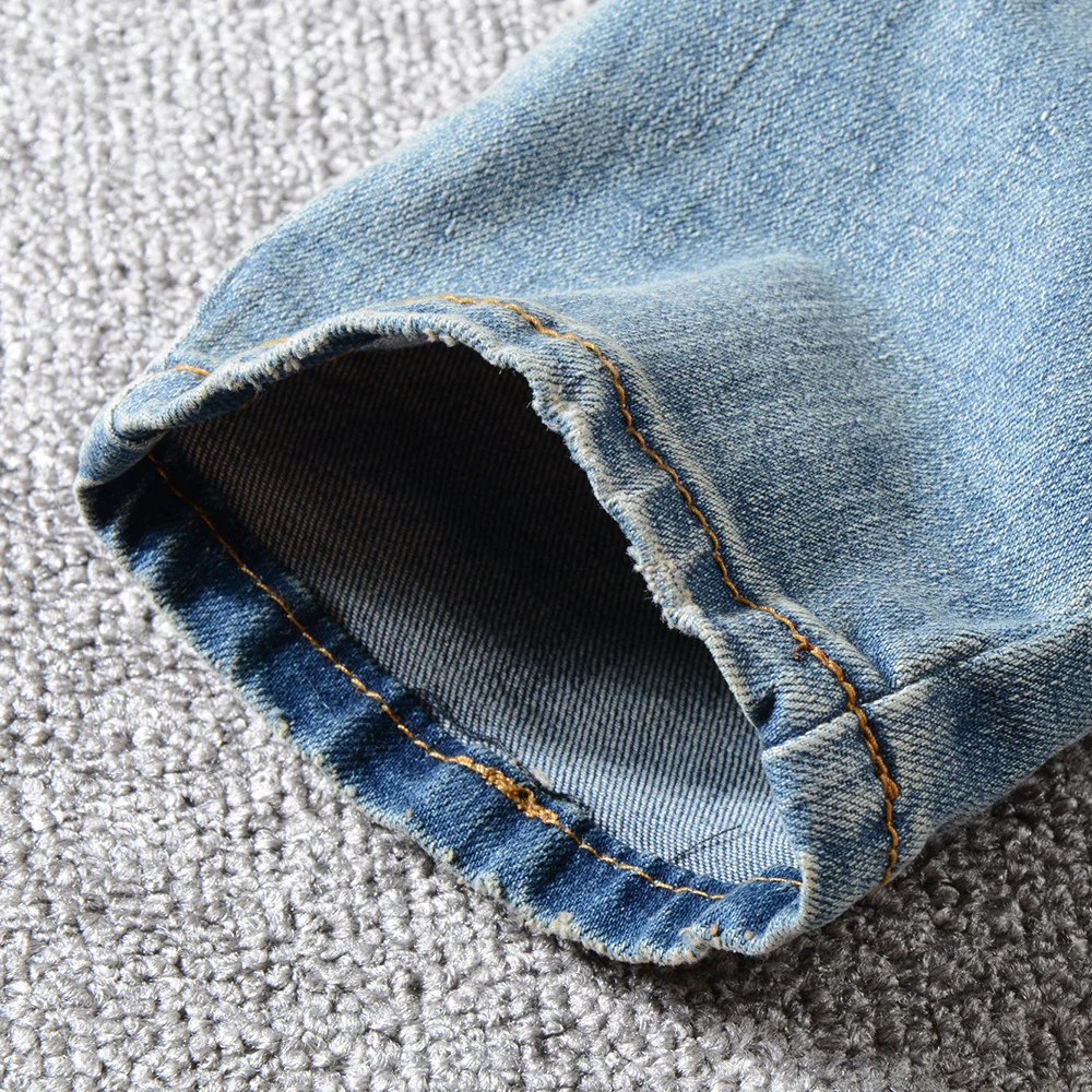 Denim De Maigre Imprimé Crayon Patch Jeans Fit Trous Déchiré Bleu Pantalon Biker Hommes Plissée Sokotoo Slim vqfwTFv