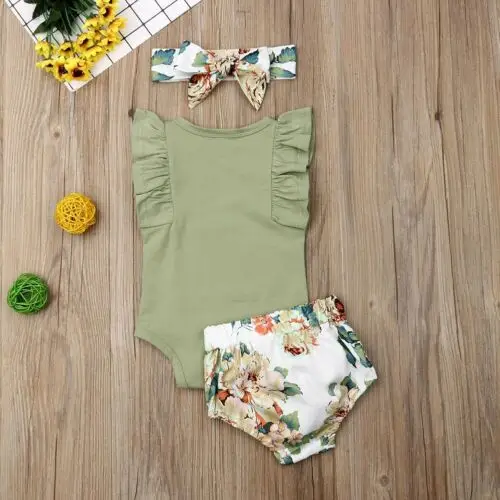 New Infant Baby Girls Clothes Ruffle Sleeve Romper Floral Shorts Outfits