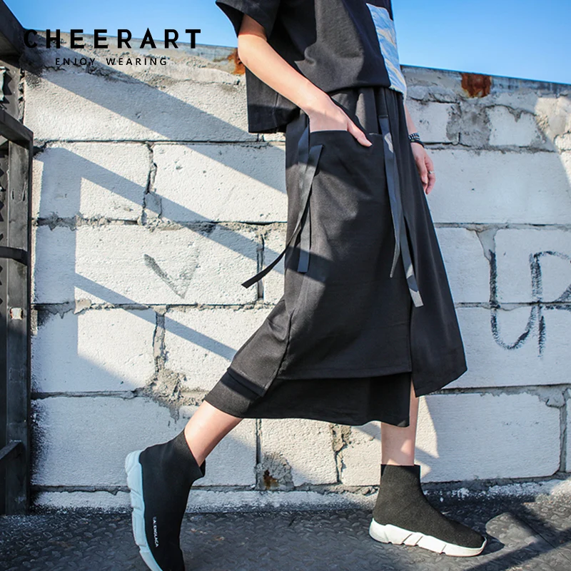 

Cheerart Streetwear Summer 2018 Skirts Womens Black Elastic Waist Irregular Skirt Midi Ribbon Layered Skirt Fashion
