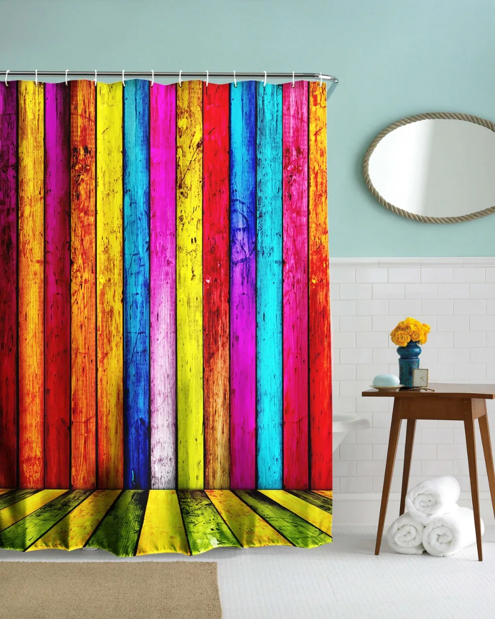 WARM TOUR 3D Colorful Stripes Shower Curtains Waterproof Polyester Wood