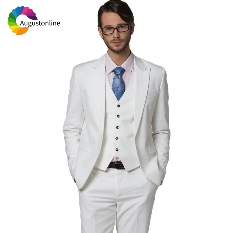 

White Men Suits Slim Fit Wedding Tuxedos Groom Wear 3 Pieces (Jacket+Pants+Vest) Prom Business Suits Bridegroom Best Man Blazer