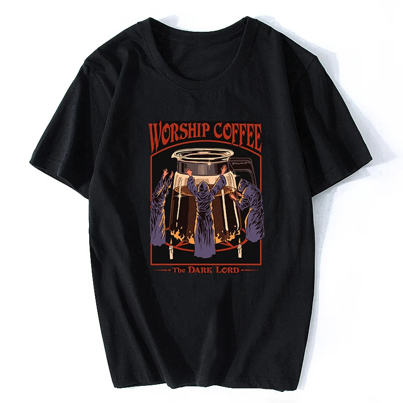 

Worship Coffee Let's Summon Demons T-Shirt Harajuku Streetwear Funny Aesthetic Cotton Printed Men Horror Black Tshirt