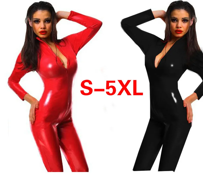 

Shiny Red Faux Leather Catsuit Women Fetish Lingerie Bodysuit Zipper Up Jumpsuit Stretchy Leotard Pole Dance Costume