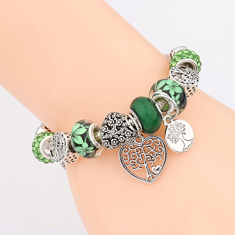 Charm Bracelets Antique Tibetan Silver Tree of Life Green Crystal Flower Bead with Heart Diy Jewelry Pulsera Mujer