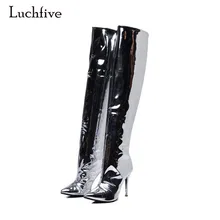 Luchfive/пикантные женские шпильки с острым носком из кожи с серебряным зеркалом; Модные женские шпильки для подиума; для ночного клуба; Botas Mujer