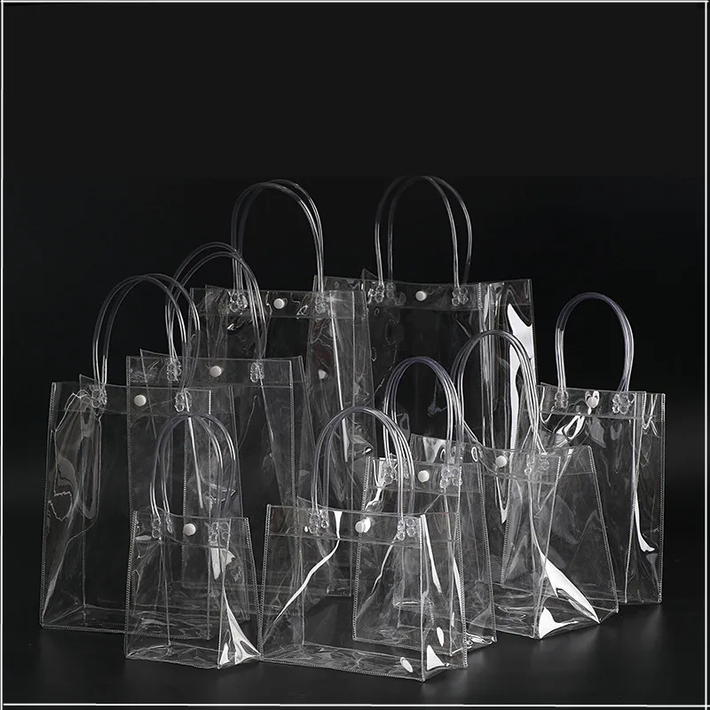 50pcs PVC plastic gift bags with handles plastic wine packaging bags clear handbag party favors bag Fashion PP Bags With Button