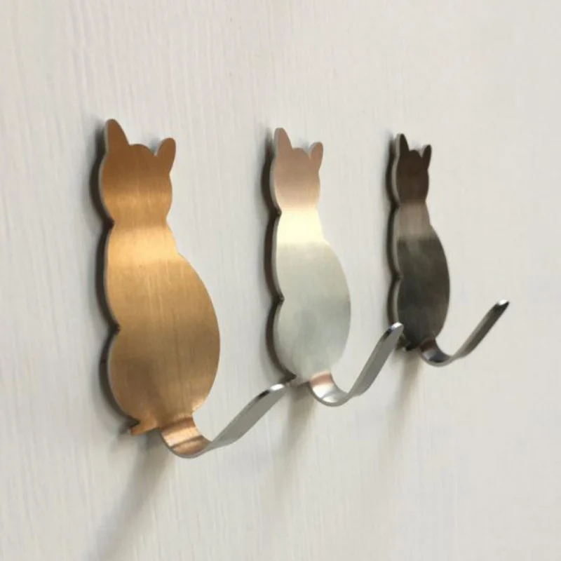 2 Pcs/lot Cat-shaped Wall Mount Key Holder Decorative Stainless Steel Hanger Keys Hanger Home Decor Hooks