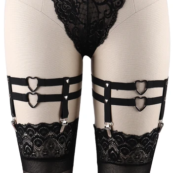 

Womens Sexy Leg Garter Rivet Heart Punk Goth Harajuku Bondage Harness Black Elastic Stocking Suspender Exotic Appar Dance Wear