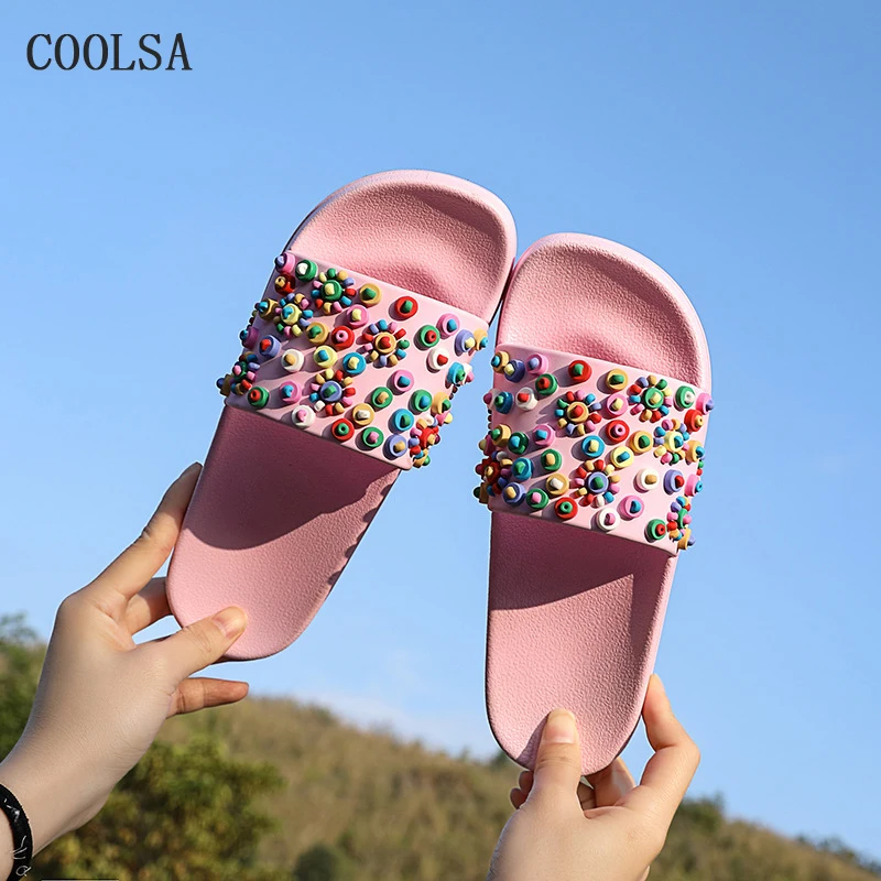 Летние новые женские конфеты обувь Модные Цветные жемчужные шлепанцы милые домашние тапочки повседневные пляжные тапочки женская обувь на плоской подошве