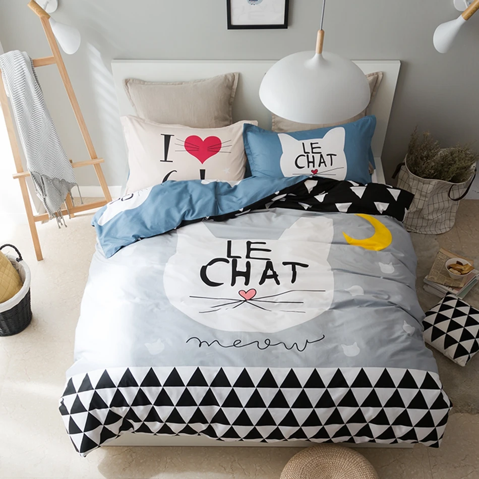 Cat print duvet cover set 100 cotton grey duvet cover soft bed sheets