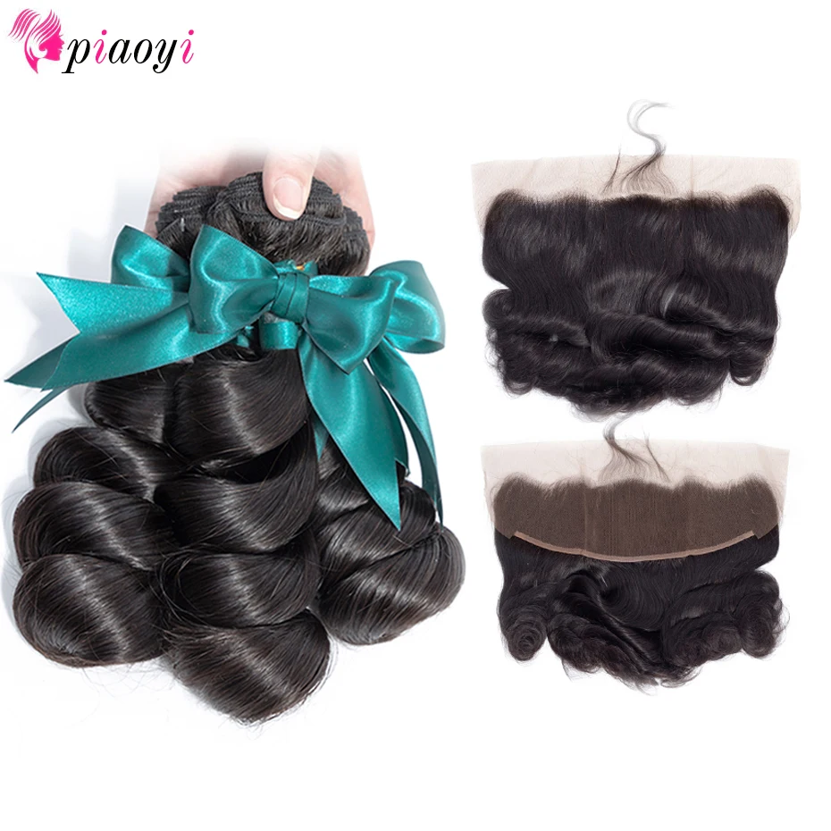 

Piaoyi Hair Brazilian Loose Wave Pre Plucked Lace Frontal Closure With Bundles Remy Human Hair Weave With Closure Natural Color
