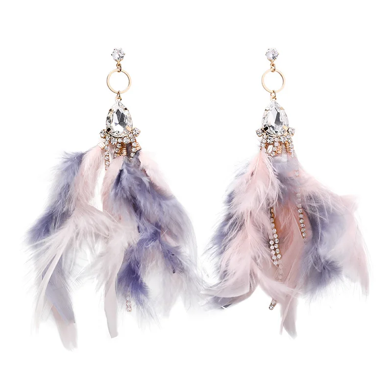 

2018 New Korean Fashion Exaggerate Party Rhinestone Feather Earrings For Women Pendientes Trendy Long Tassel Drop Earrings