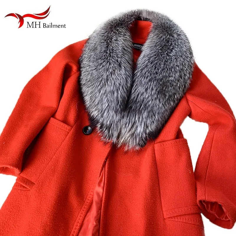 Зимняя женская коллекция, Воротник из меха серебристой лисы, полный кожаный шарф из красной лисы, шаль, настоящее плюшевое пальто, кожаная куртка, меховой воротник, шарф для женщин