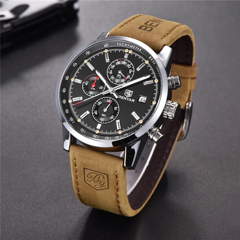 BENYAR Men's Sports Chronograph Quartz Watch Original Luxury top waterproof men's clock leather mil