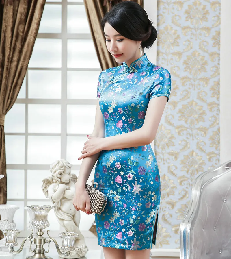 Для Женщин Парчи атласная Cheongsam Китайский традиционный Женский Короткое платье Qipao Новинка мини-платье Размеры S M L XL XXL lgd121