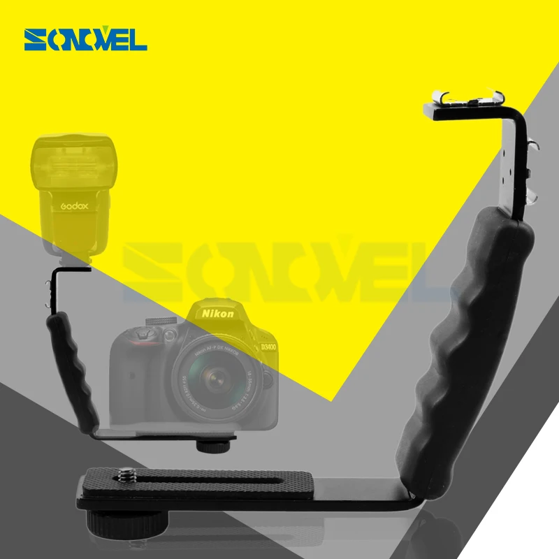 Flash L Bracket Mount Dual Hot Shoe 1/4" Screw for Canon Nikon Sony