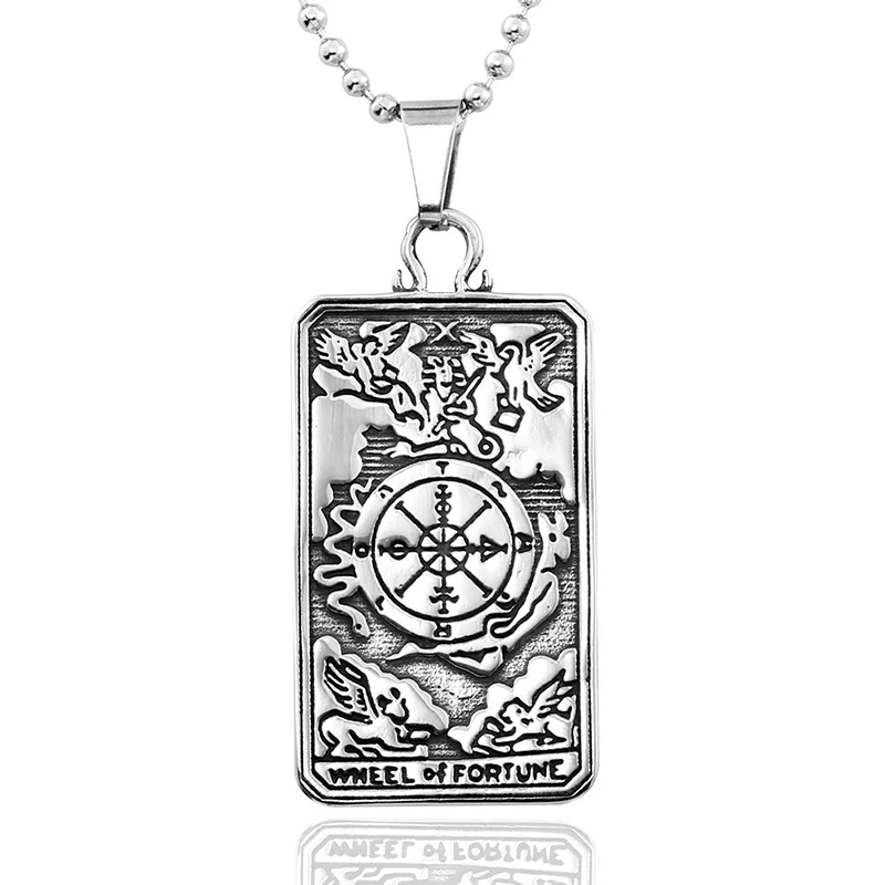 

Two Side Titanium Steel The Wheel of Fortune Square Tarot Necklace Cross Amulet Pendants for Men Punk Jewelry