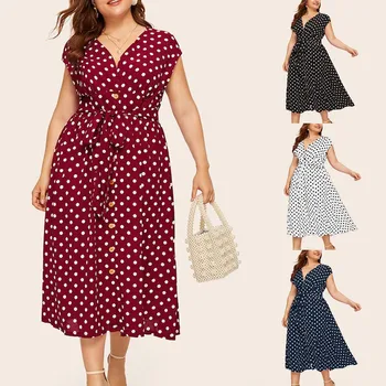 

Women's dress Summer kleid Casual Plus Size V-neck Sleeveless Polka Dot Printed Button Belt Dress zomerjurk dames 2019 vestidos