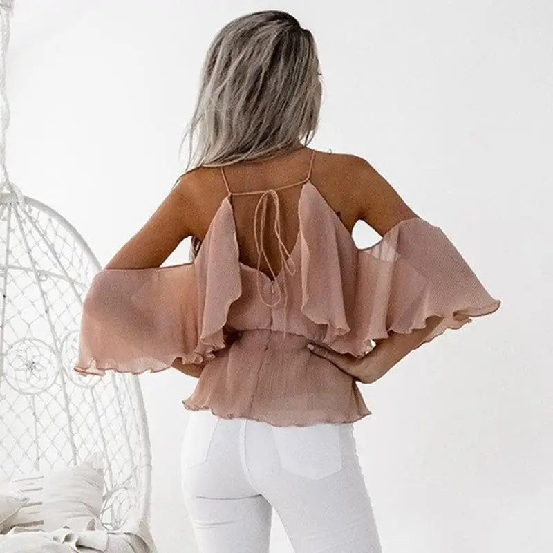 

New Arrivals Women Tops 2017 Summer Beach Shirt Sexy Halter Neck Strapless Casual Party Ruffle Sleeves Blusa WS2006Y