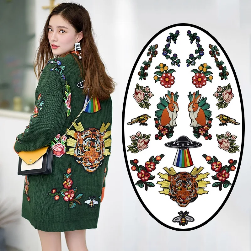 

Hot Embroidered Iron on Patch Applique Flower Sequined Tiger Bird Bee Rabbit Applique Patches for Clothes LSHB666