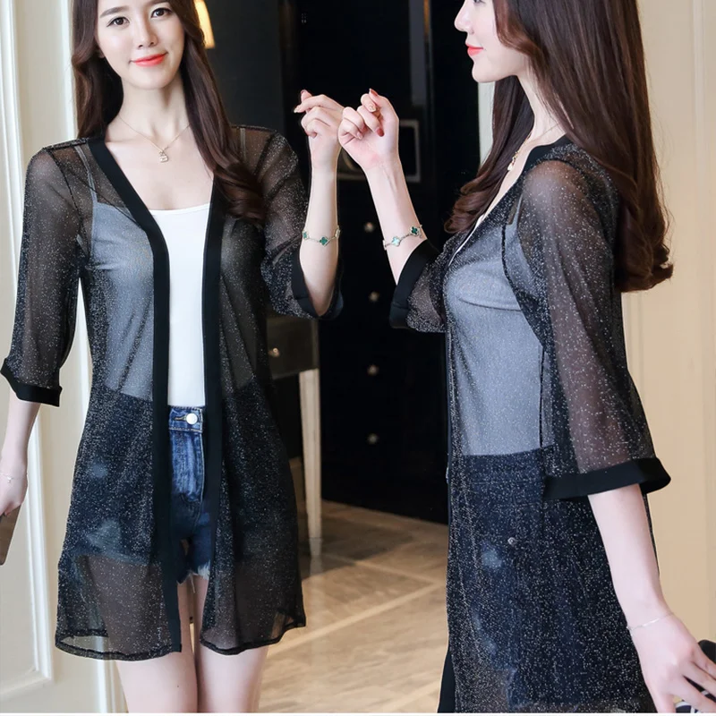 

Women Summer Long Kimono Cardigan Mesh Beach Sun Protection Ladies Elegant Blouse Transparent Shirt 1/2 Sleeve Female Blouses