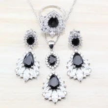 Австрийский Кристалл Черный Циркон 925 пробы Классический женский костюм Ювелирные наборы Длинные серьги-гвоздики/ожерелье и кулон/кольцо S114